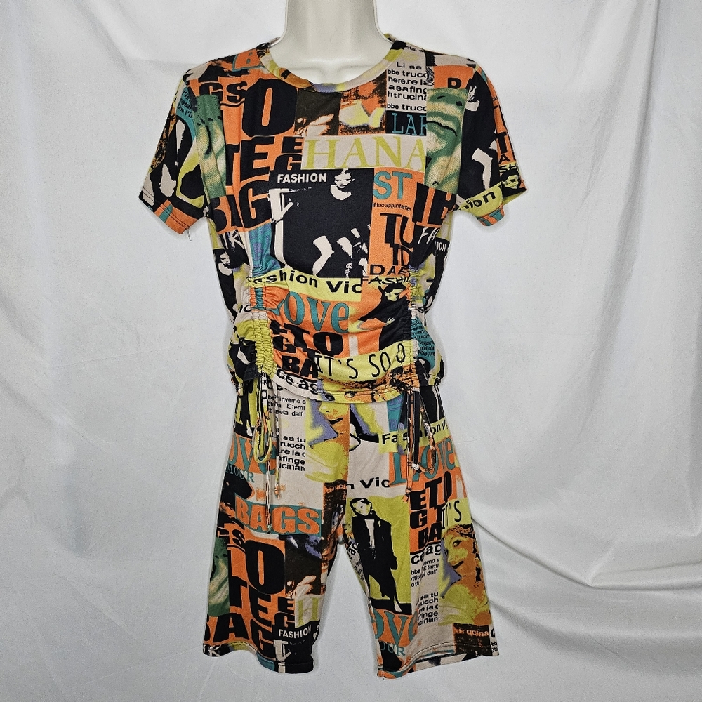 Womens Roma Concepts 2 Pc Set Allover Print Fashion Love Bags Shirt Shorts L XL